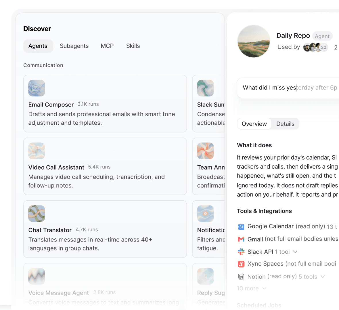 Xyne Claw: a Daily Repo agent showing its tools, integrations and schedule, beside a directory of discoverable agents