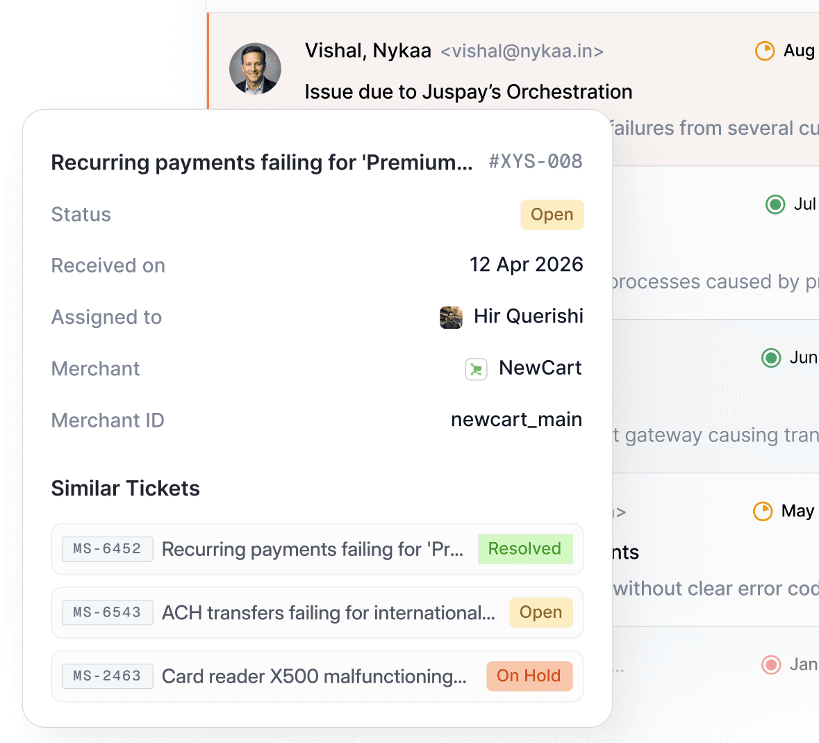 Xyne Desk: a support inbox with a ticket open beside its email thread, and a card surfacing the ticket's status and similar past tickets
