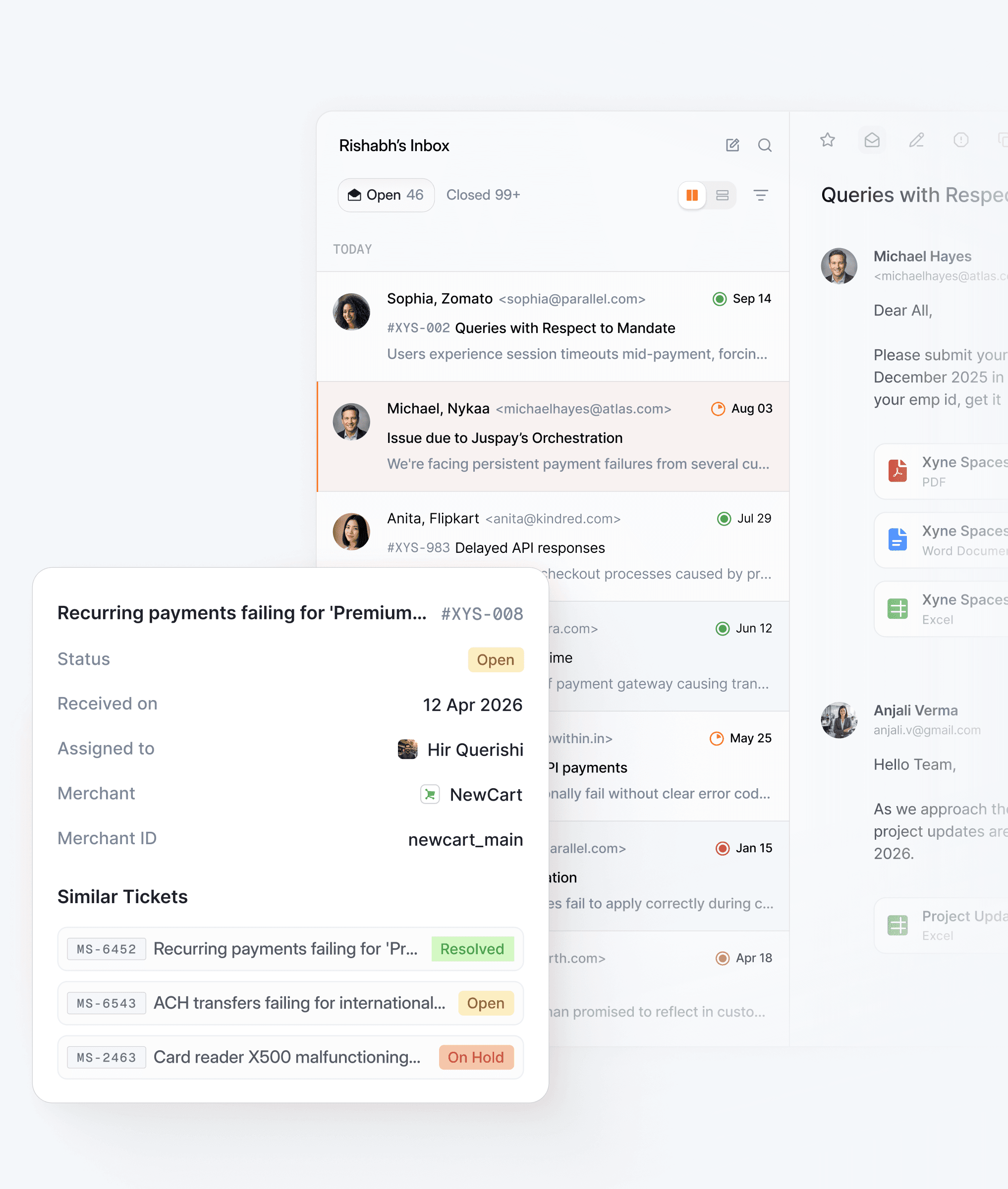 Xyne Desk: a support inbox with a ticket open beside its email thread, and a card surfacing the ticket's status and similar past tickets