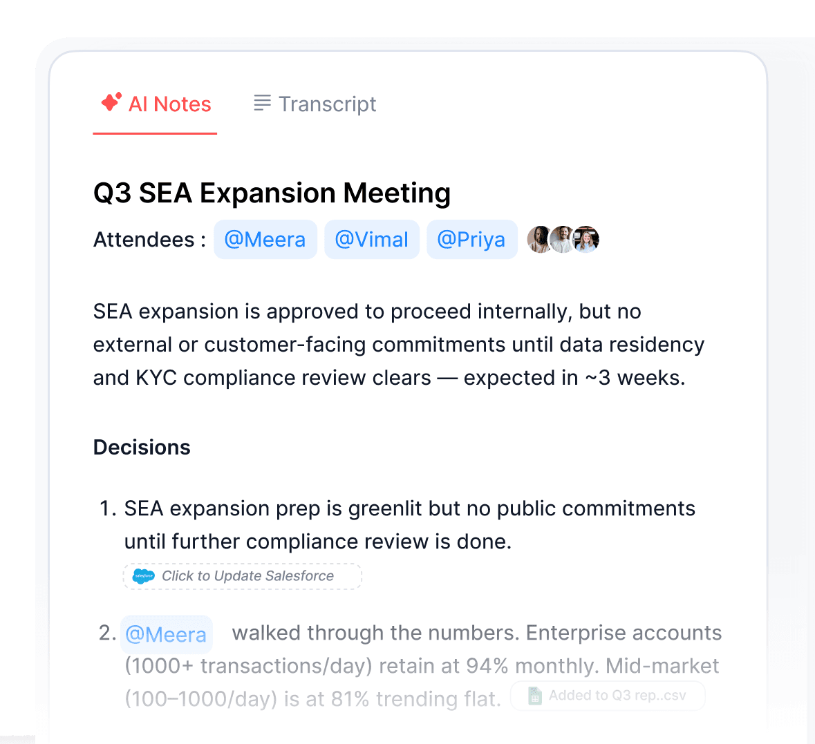 Xyne Scribe: AI notes from a meeting with decisions and action items routed to Salesforce and the CRM, beside the live call