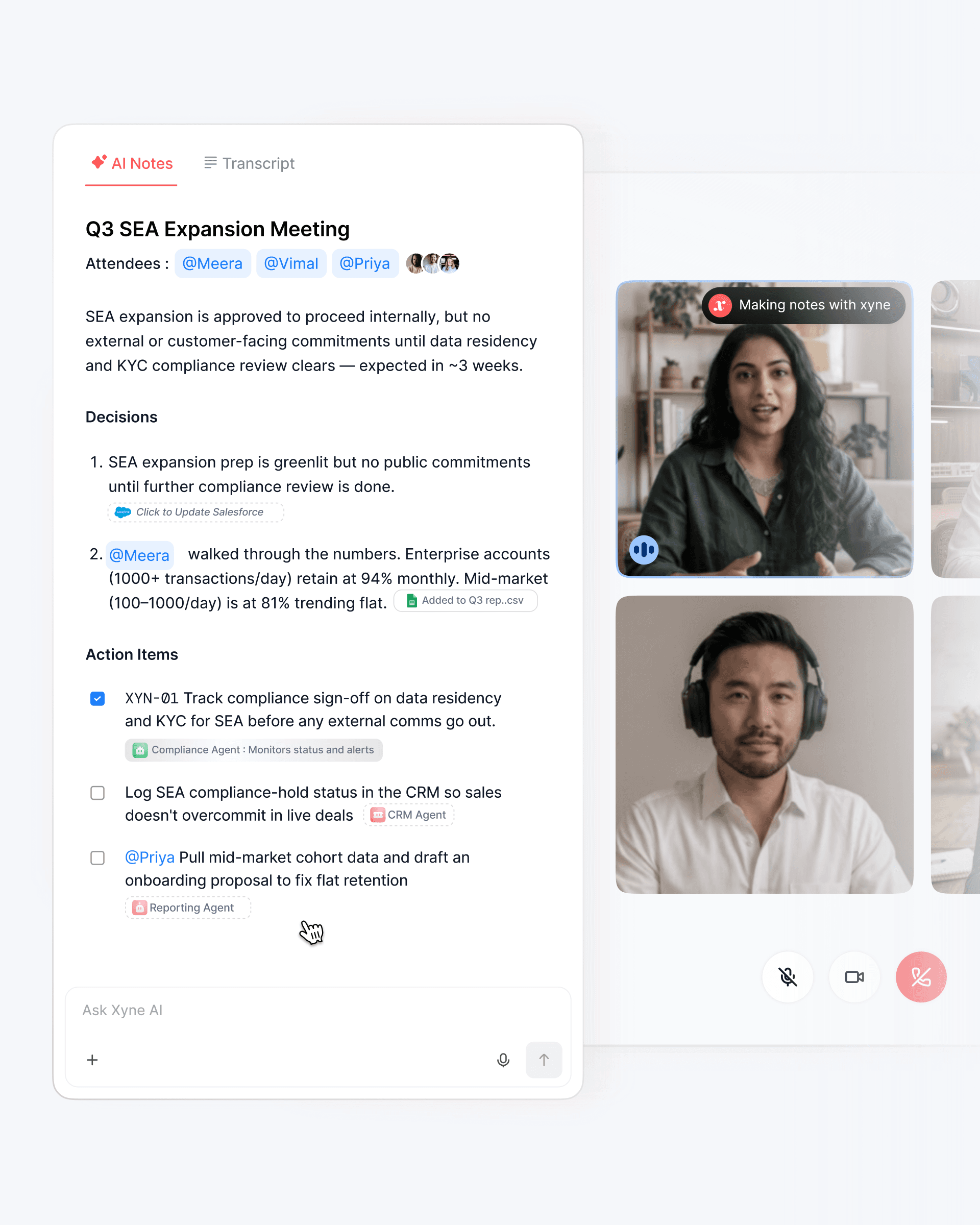 Xyne Scribe: AI notes from a meeting with decisions and action items routed to Salesforce and the CRM, beside the live call