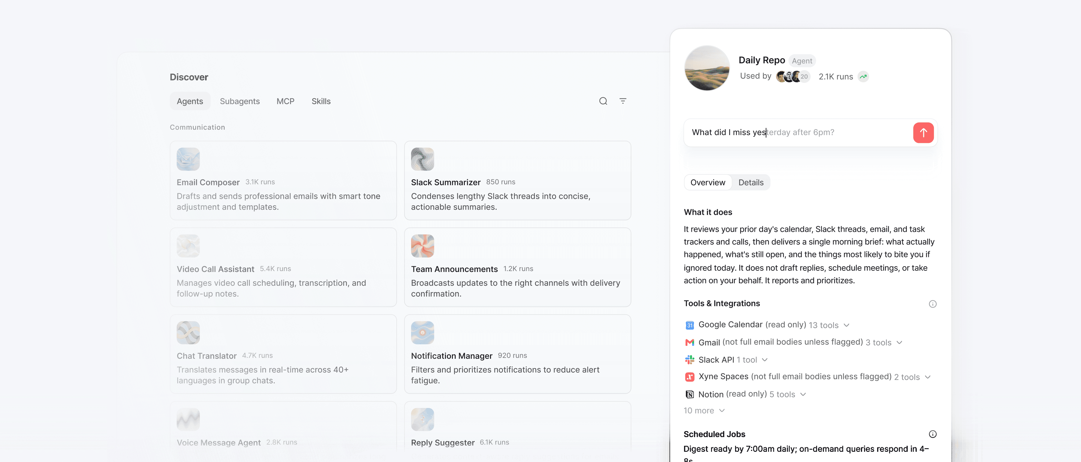 Xyne Claw: a Daily Repo agent showing its tools, integrations and schedule, beside a directory of discoverable agents