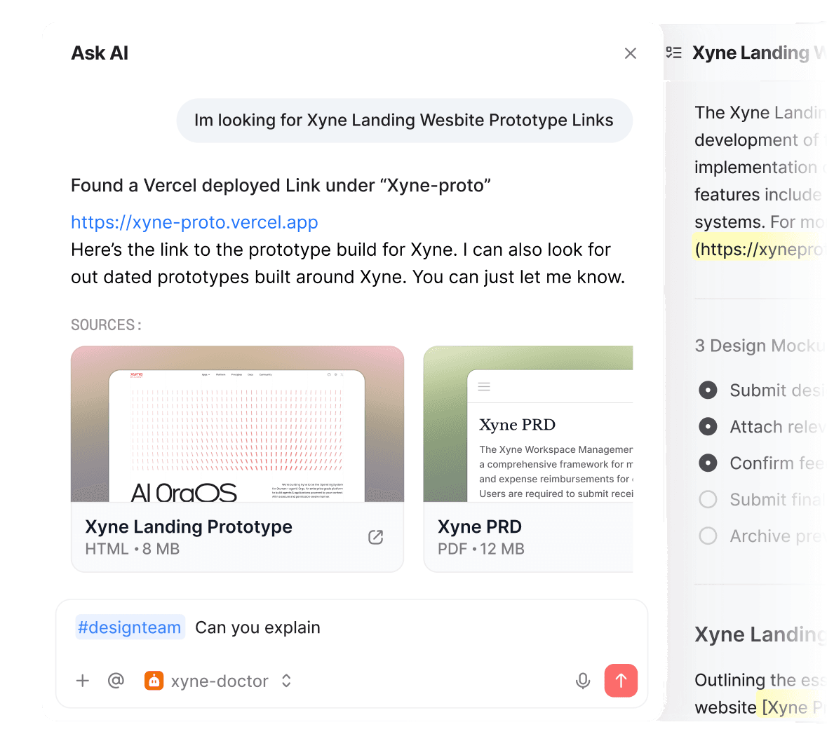 Xyne Search: an Ask AI thread answering a question with cited sources, beside the source document it pulled from