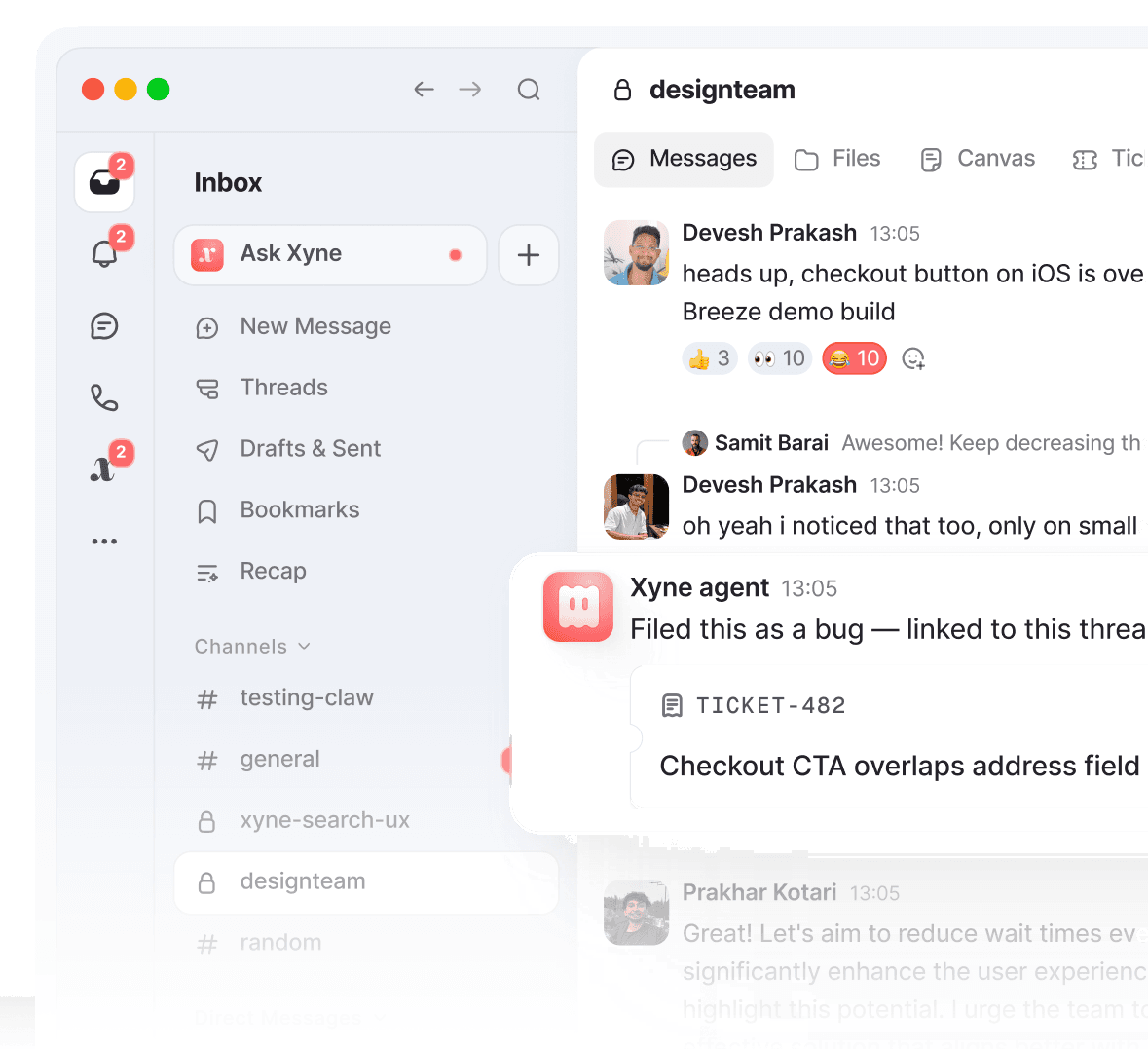 Xyne Spaces: the #designteam channel, where an agent has filed a bug from the thread and linked the ticket, beside a panel summarising the channel
