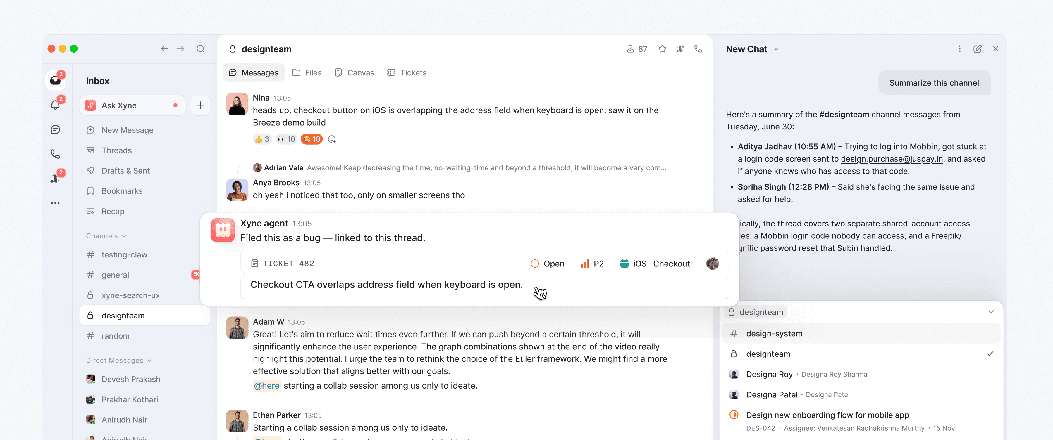 Xyne Spaces: the #designteam channel, where an agent has filed a bug from the thread and linked the ticket, beside a panel summarising the channel